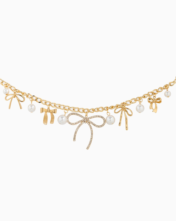 Multi Bow with Pearls and Crystals Bag Charm Chain
