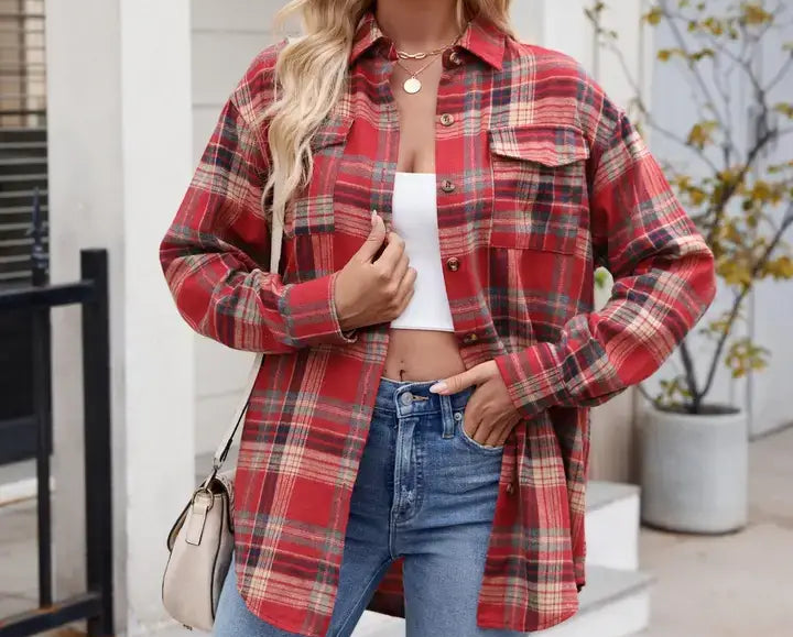 Casual Loose Fit Plaid Button Shirt