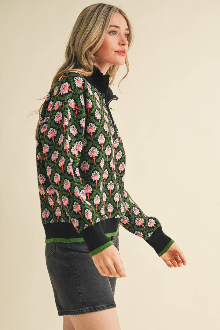 Floral Mock Neck ½ Pullover