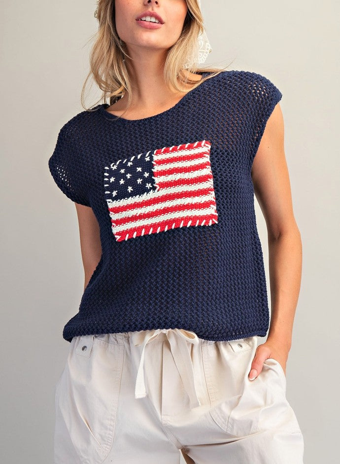 Stars & Stripes Knit Cap Sleeve Top