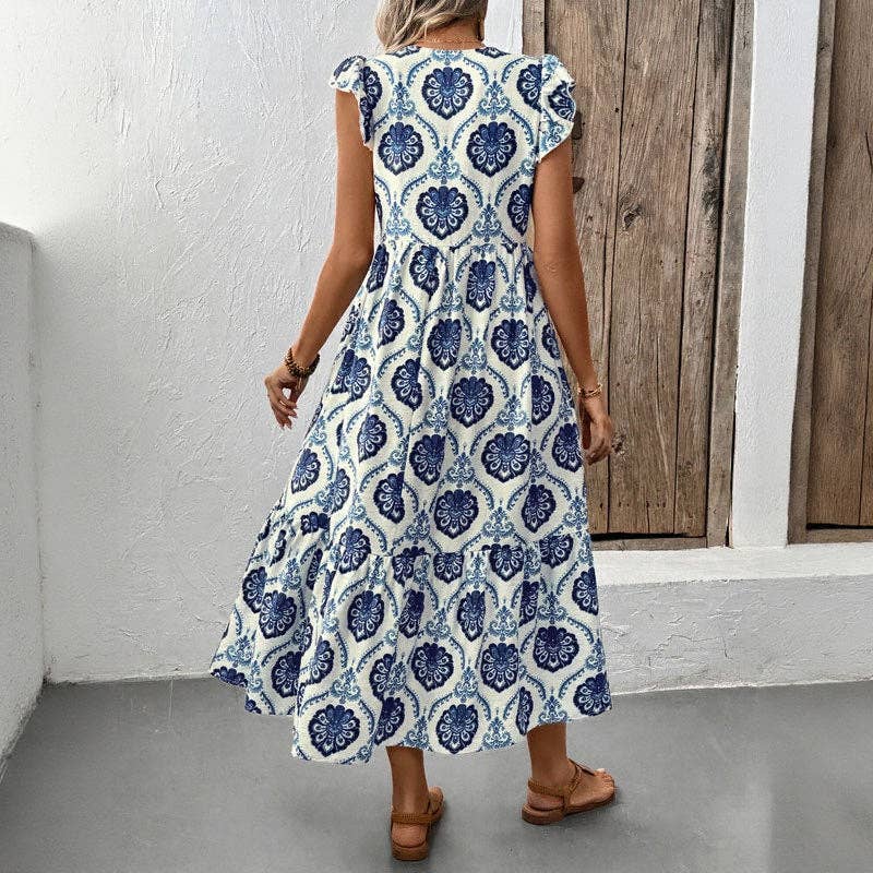 Loose-Fit V-Neck Floral Print Maxi Dress
