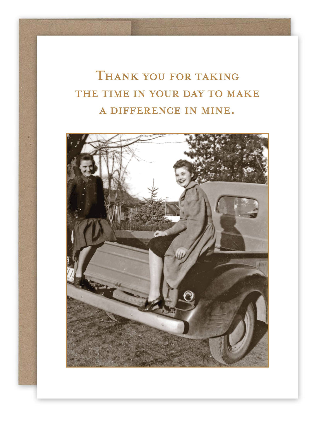 Thank you greeting card with vintage photo of two women sitting on truck tailgate