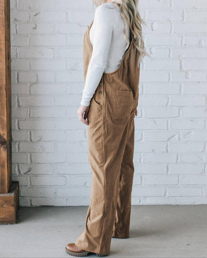 Solid Pocketed Corduroy Overalls