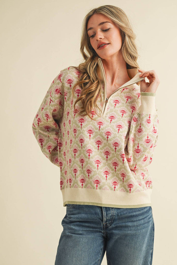 Floral Mock Neck ½ Pullover