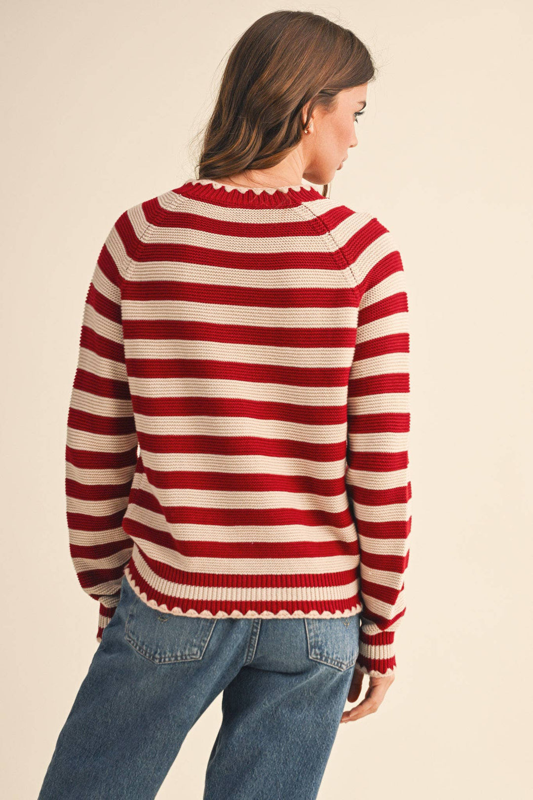 Striped Puff Sleeve Sweater w/ Contrast Stitch