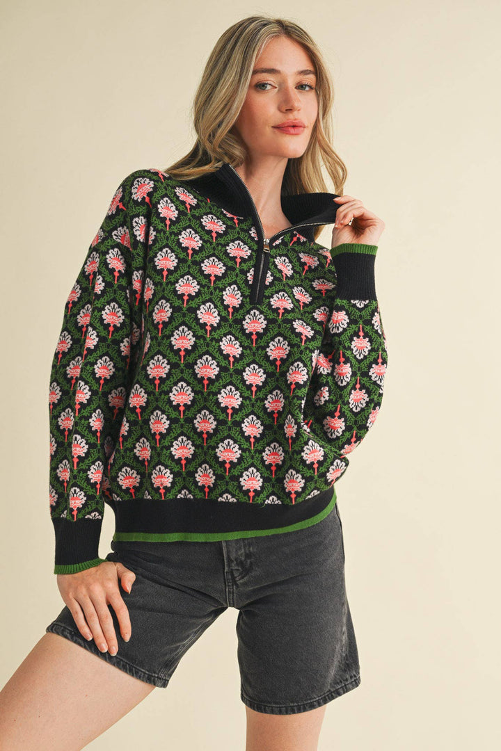 Floral Mock Neck ½ Pullover