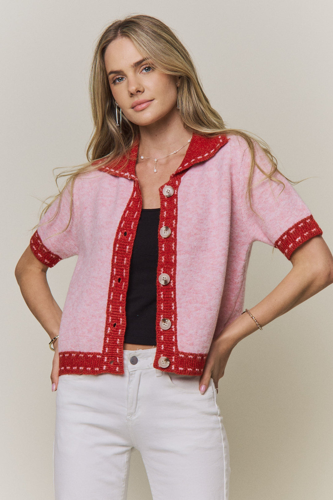 Collared Short-Sleeve Knit Cardigan Top