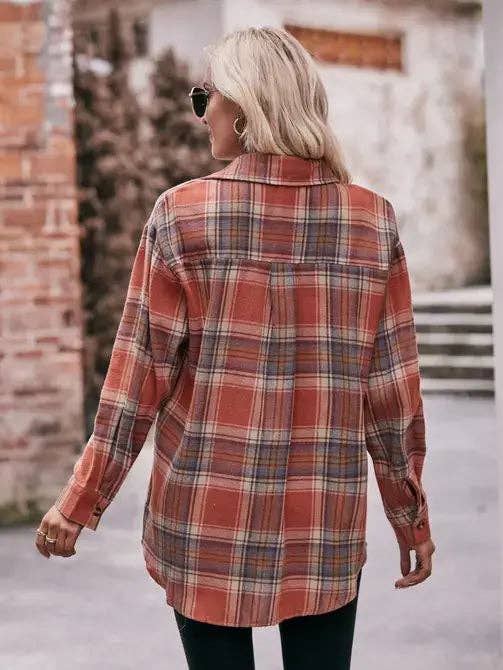 Women's Caramel Plaid Oversized Flannel Button Down Shirt