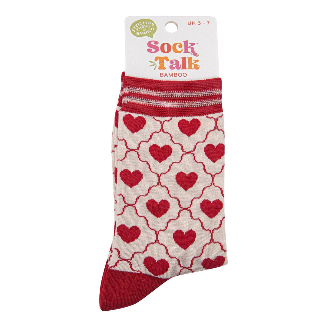 Cream bamboo ankle socks with red hearts pattern and striped red cuff