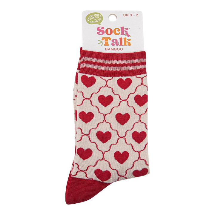 Cream bamboo ankle socks with red hearts pattern and striped red cuff