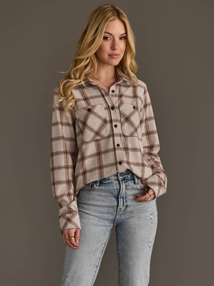Lt. Taupe &amp; Brown Plaid Button Up