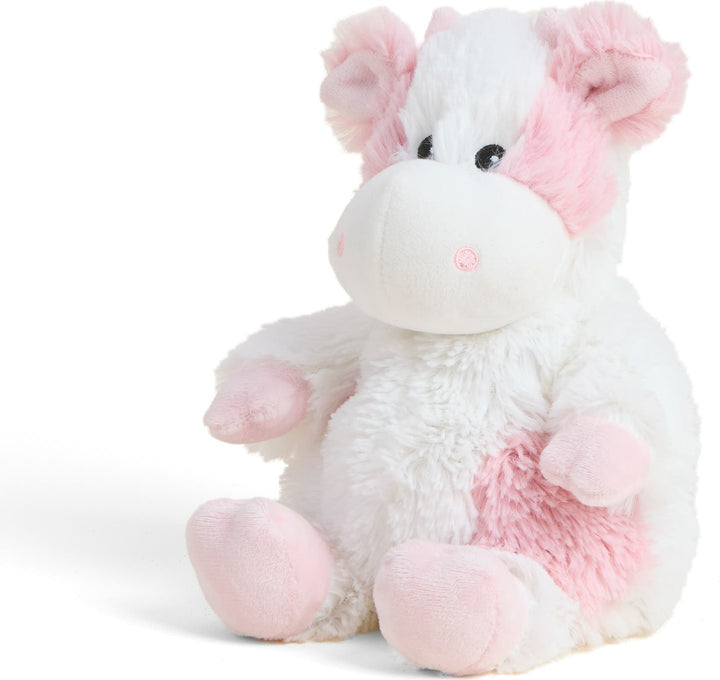White plush cow toy with pink ears, nose, and feet accents