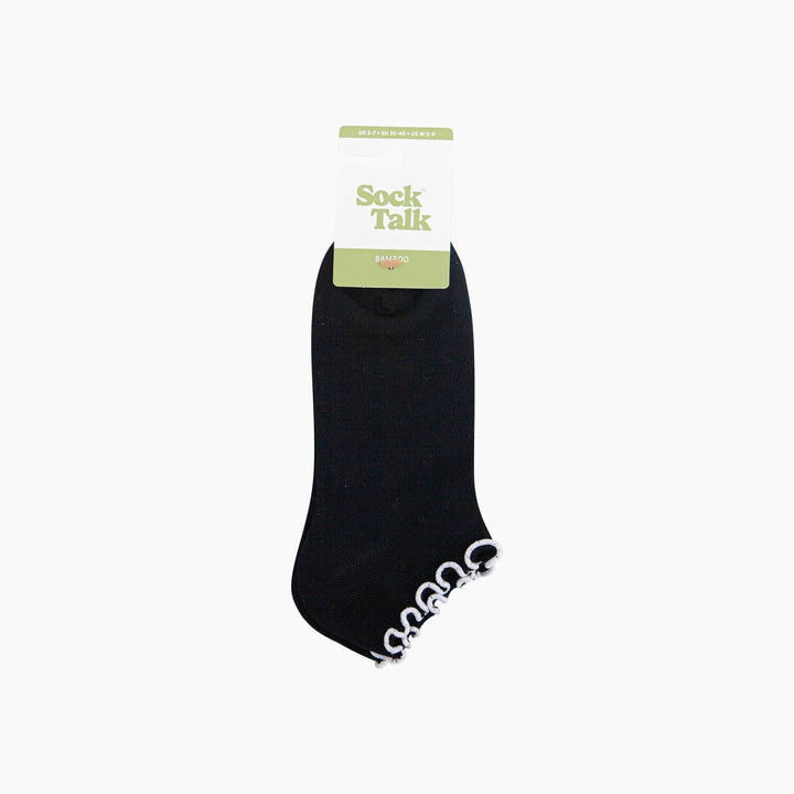 Black bamboo trainer socks with white frilly trim, Sock Talk brand packaging