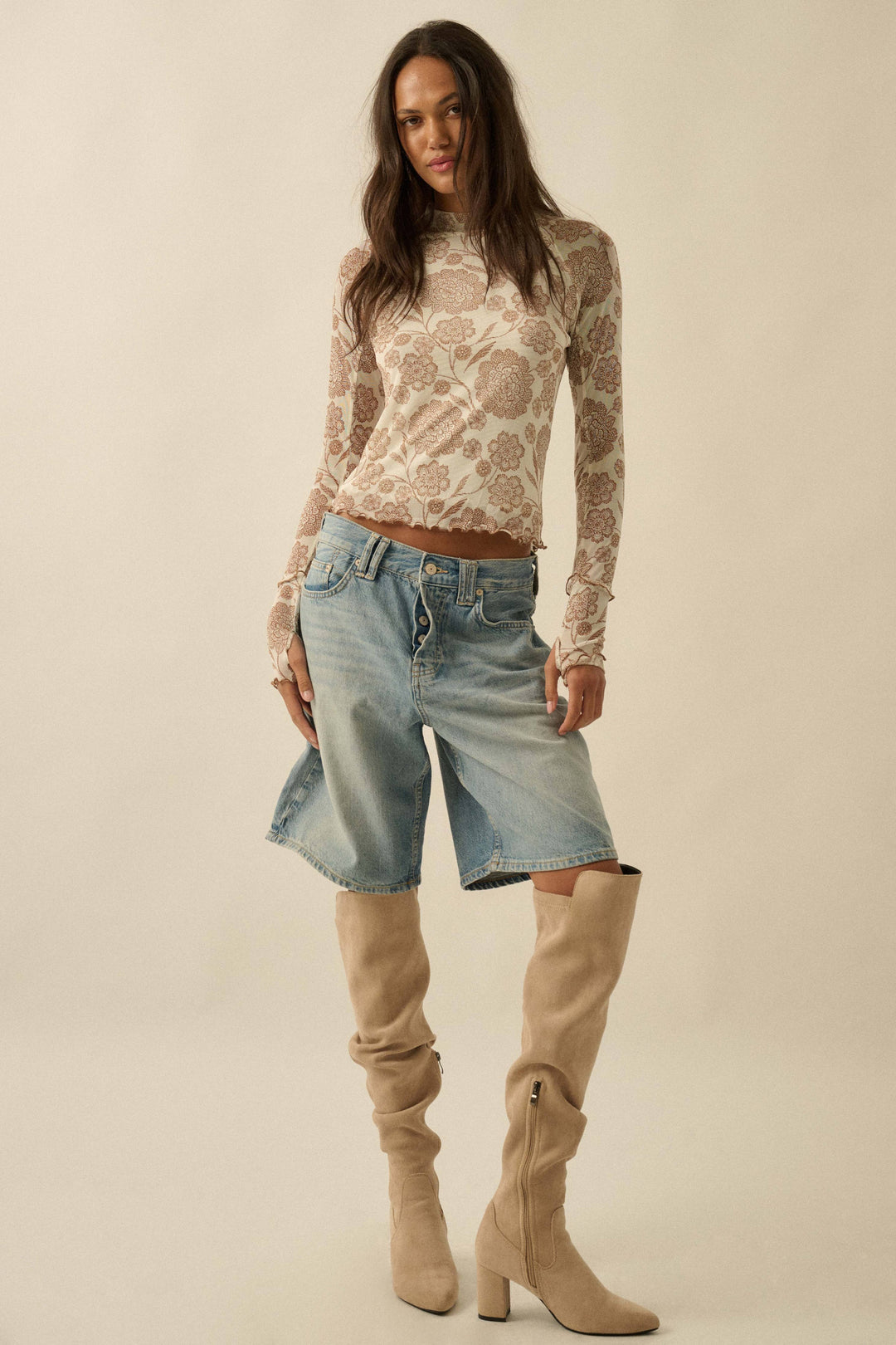 Floral Mesh Mock Neck Top