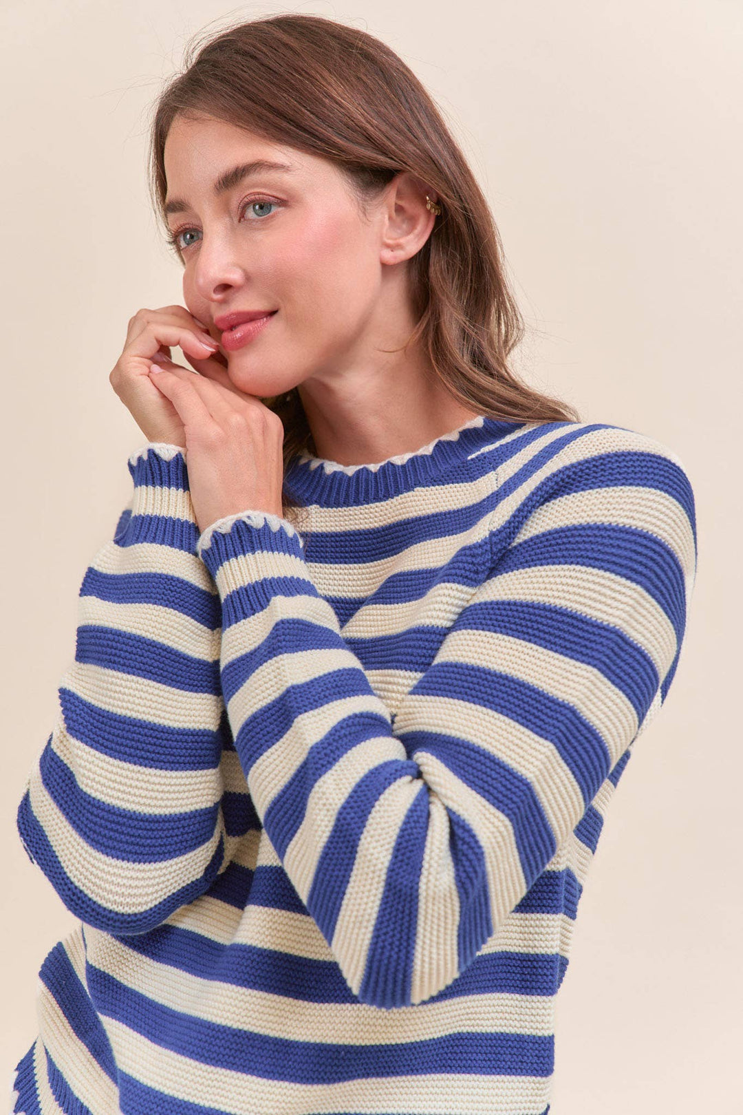 Striped Puff Sleeve Sweater w/ Contrast Stitch