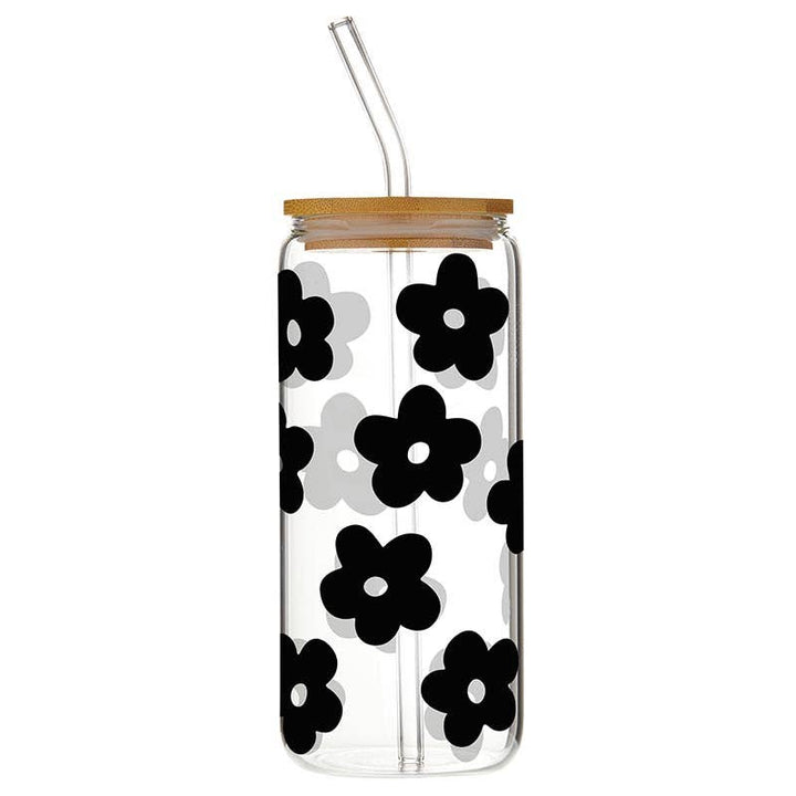 Black Flowers Glass Tumbler
