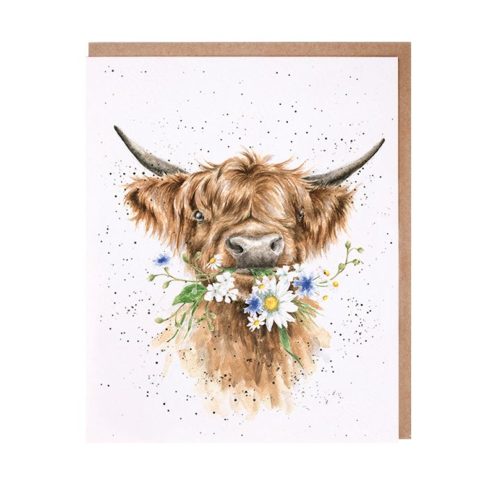 Wrendale greeting card featuring watercolor highland cow with floral wreath on white background