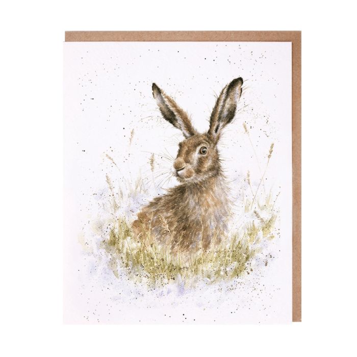 Wrendale Into The Wild Mini Card featuring watercolor hare illustration with kraft envelope