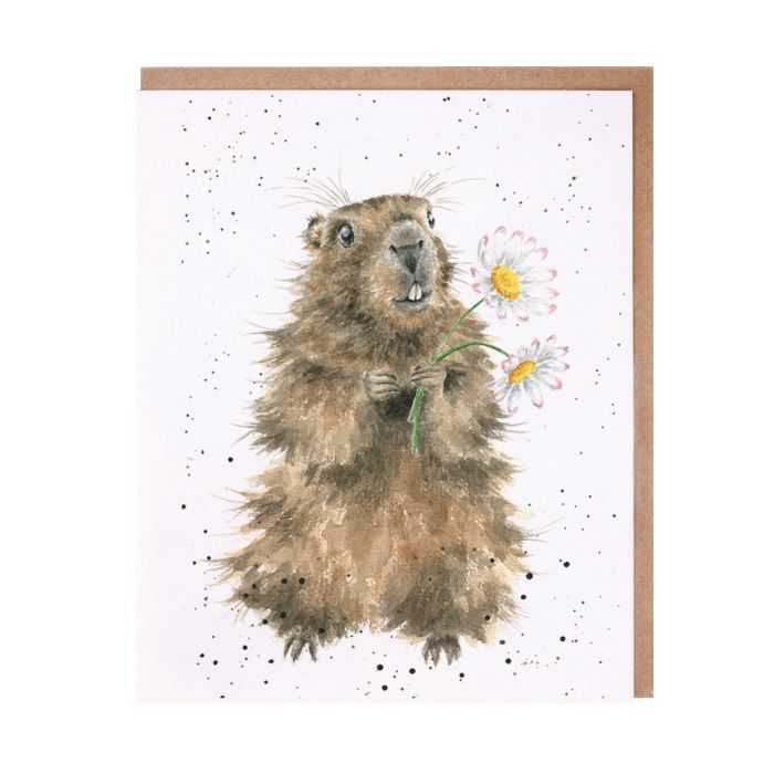 Wrendale First Date Mini Card showing cute guinea pig holding daisies with brown envelope