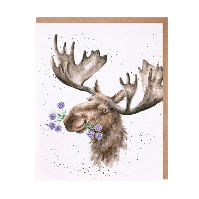 Wrendale moose greeting card with watercolor illustration and purple floral accents
