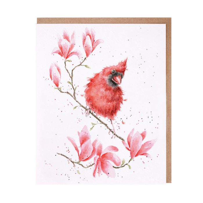 Wrendale watercolor greeting card featuring red cardinal bird on magnolia branch with pink flowers