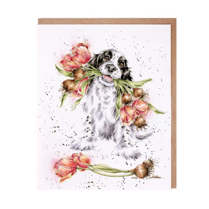 Wrendale greeting card featuring watercolor dog with pink tulips on white background