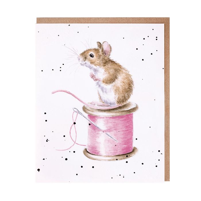 Wrendale greeting card featuring watercolor mouse sitting on pink thread spool with kraft envelope