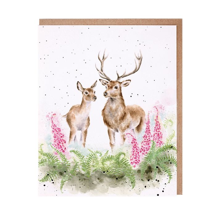 Wrendale greeting card featuring watercolor deer family with pink flowers and ferns