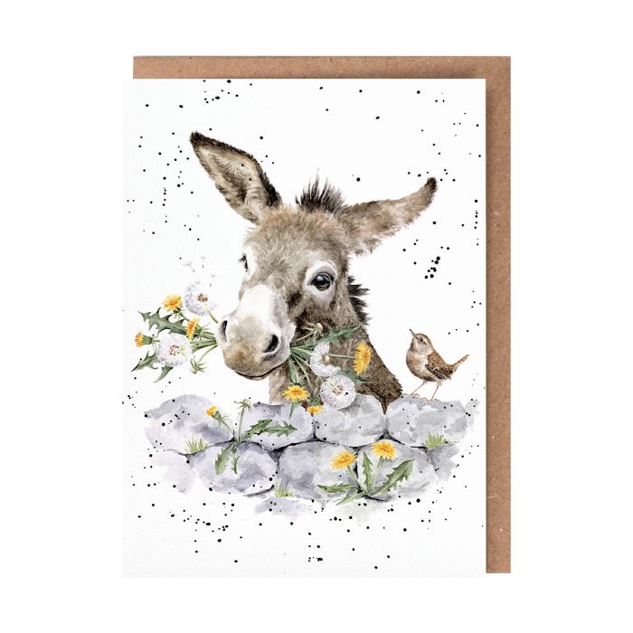 Wrendale greeting card featuring watercolor donkey with flowers and small bird on white background