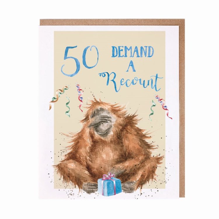 Wrendale 50th birthday card featuring orangutan illustration with demand a recount text