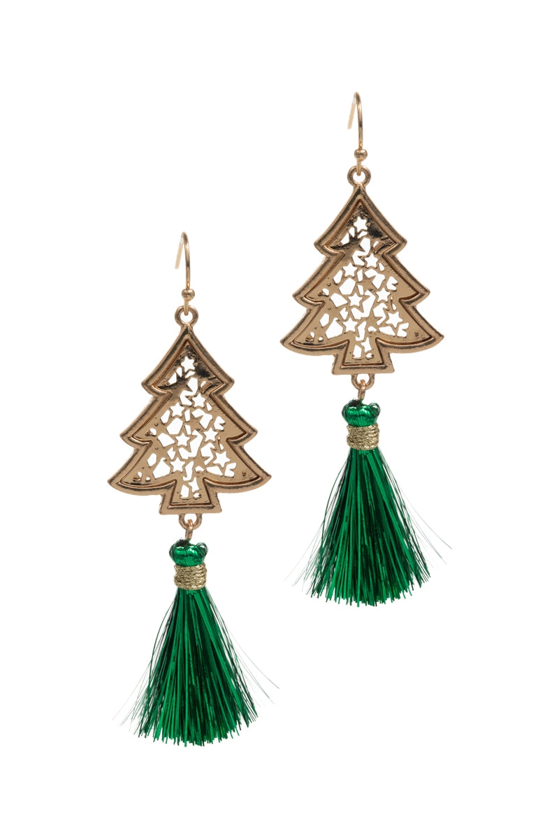 Gold filigree Christmas tree hook earrings with green metallic tassel dangles, pair shown