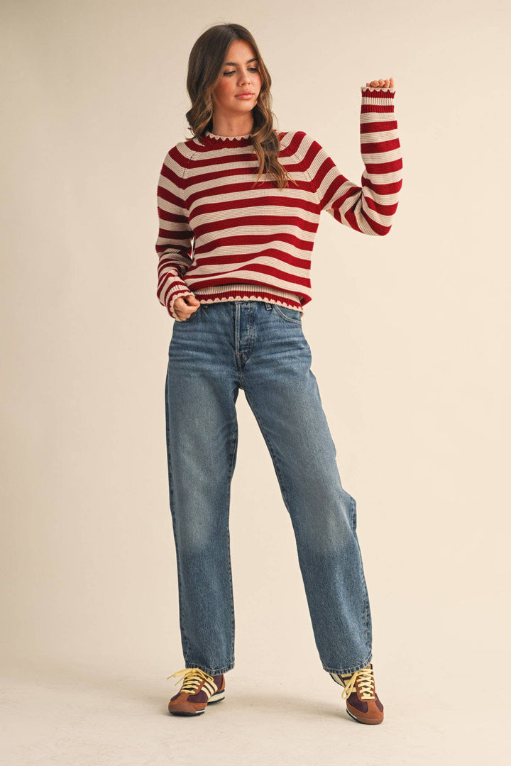 Striped Puff Sleeve Sweater w/ Contrast Stitch