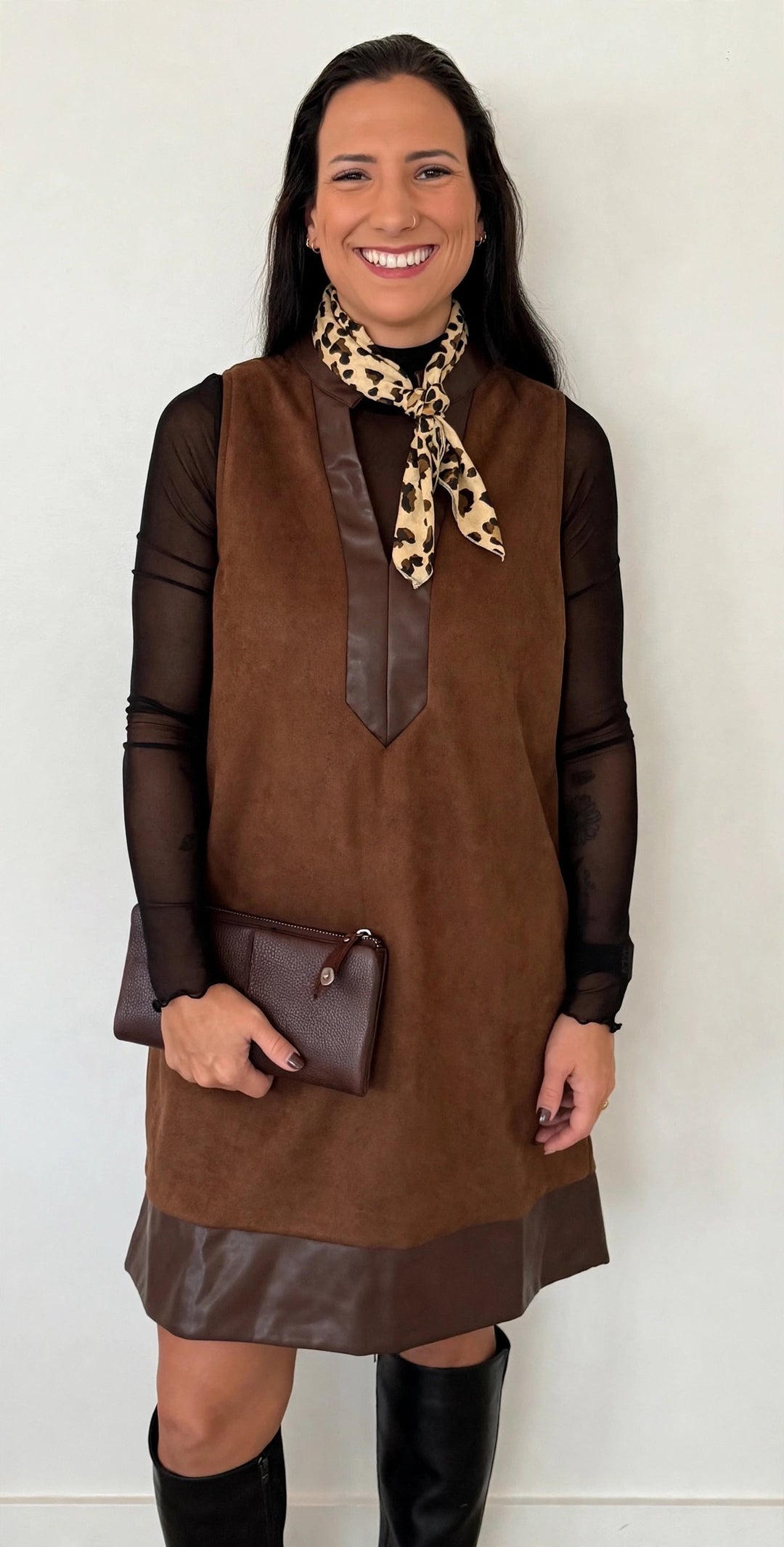 Sleeveless Suede Dress in Brown, worn by Malorie