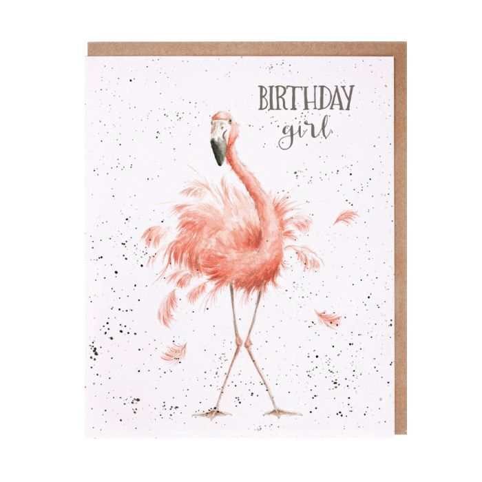 Wrendale flamingo birthday card with pink watercolor flamingo on speckled white background