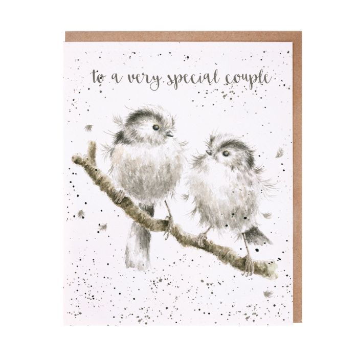 Wrendale greeting card featuring two fluffy birds on branch with text 'to a very special couple'