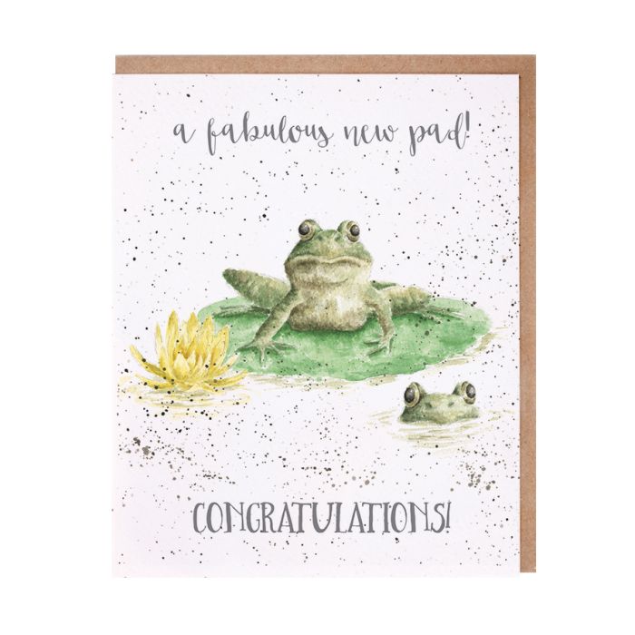 Wrendale congratulations card featuring watercolor frogs on lily pad with kraft envelope