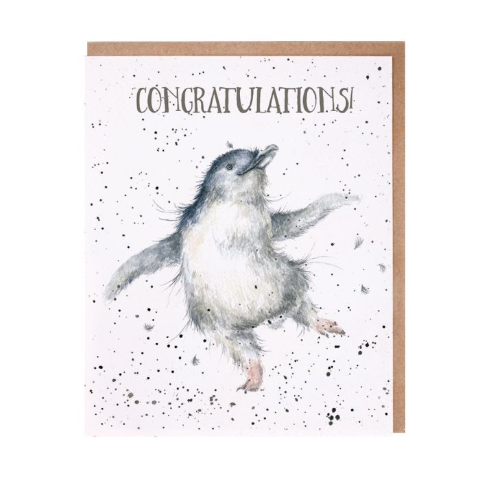 Wrendale congratulations card featuring watercolor penguin illustration with brown envelope