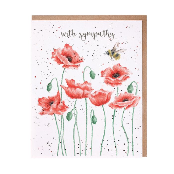 Wrendale sympathy card featuring watercolor red poppies with bee and kraft envelope