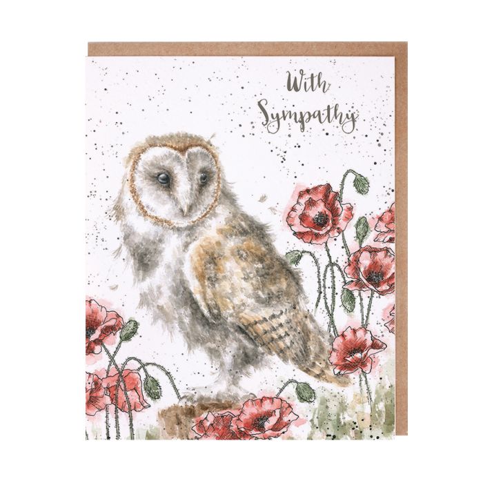 Wrendale owl sympathy card featuring watercolor barn owl with pink poppies on white background