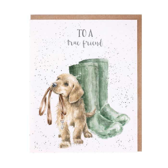 Wrendale True Friend greeting card featuring watercolor dog with wellington boots on speckled background
