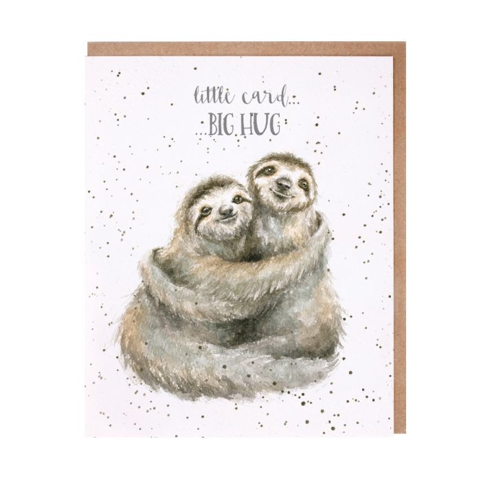 Wrendale greeting card featuring two hugging sloths with text 'little card BIG HUG'