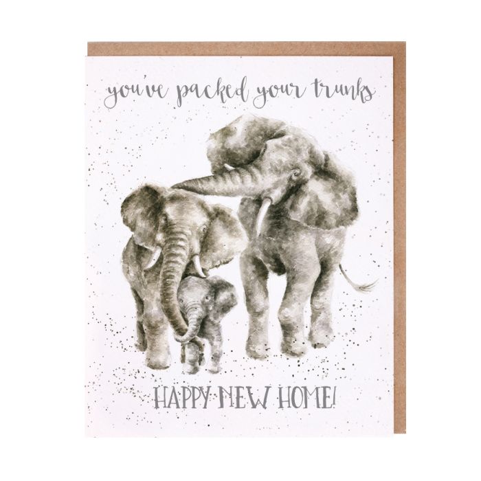 Wrendale elephant family new home greeting card with kraft envelope and watercolor illustration