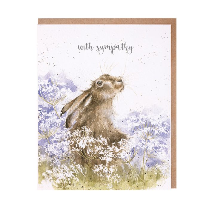 Wrendale sympathy card featuring watercolor rabbit among purple wildflowers with kraft envelope