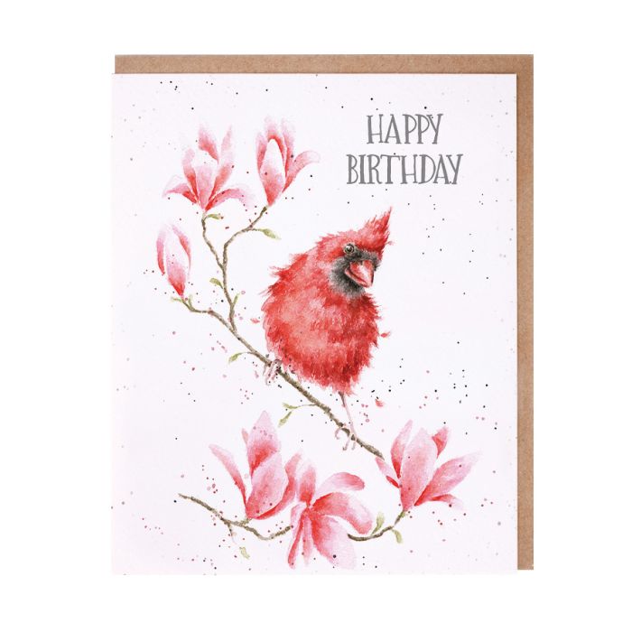 Wrendale Happy Birthday card featuring watercolor red cardinal on branch with pink magnolia flowers