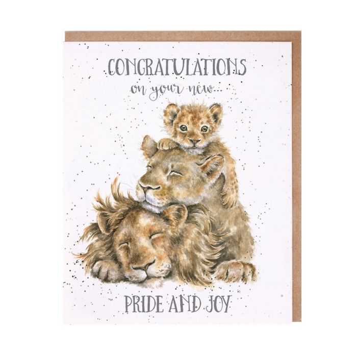 Wrendale Lions Pride and Joy congratulations card featuring watercolor lion family illustration