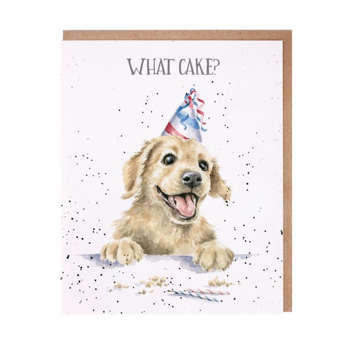 Wrendale What Cake birthday card featuring golden retriever with party hat watercolor illustration