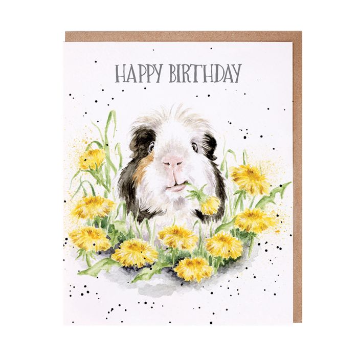 Wrendale birthday card featuring watercolor guinea pig surrounded by yellow dandelions on white background