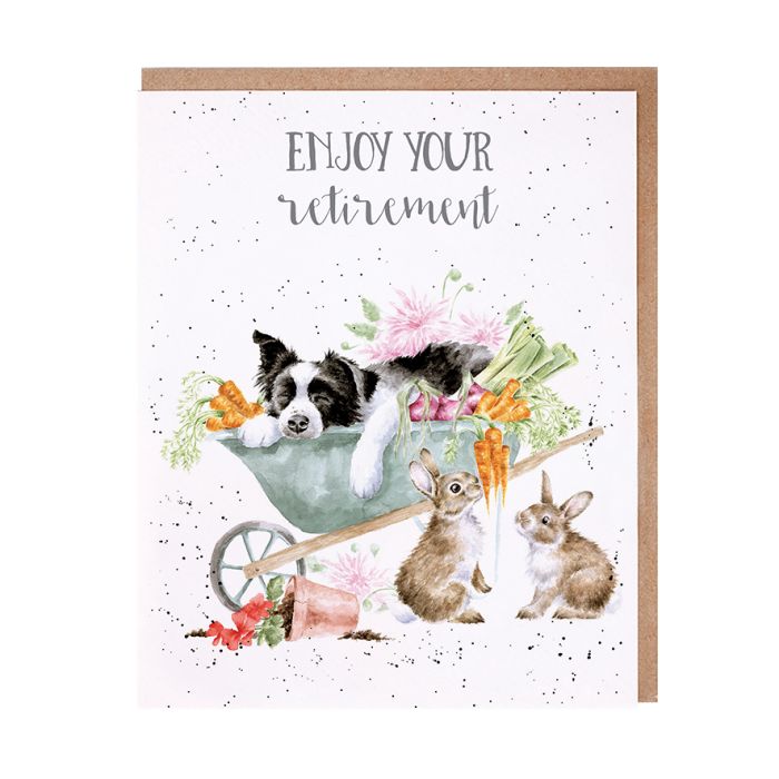 Wrendale retirement card featuring watercolor puppy in wheelbarrow with flowers and rabbits