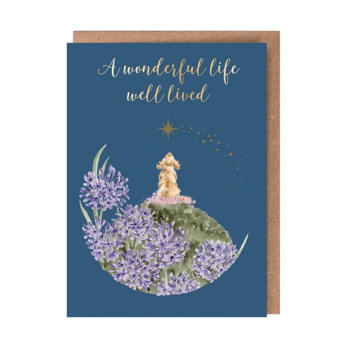 Wrendale greeting card featuring golden retriever with purple flowers on navy background