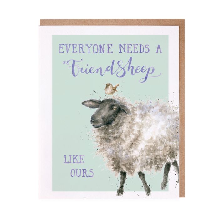 Wrendale friendship card featuring watercolor sheep with purple text on mint green background